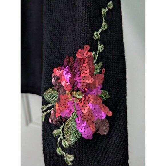 VTG Christmas Poinsettia Cardigan Sweater XS Black Sequins Embroidered Faux Fur - Picture 5 of 11